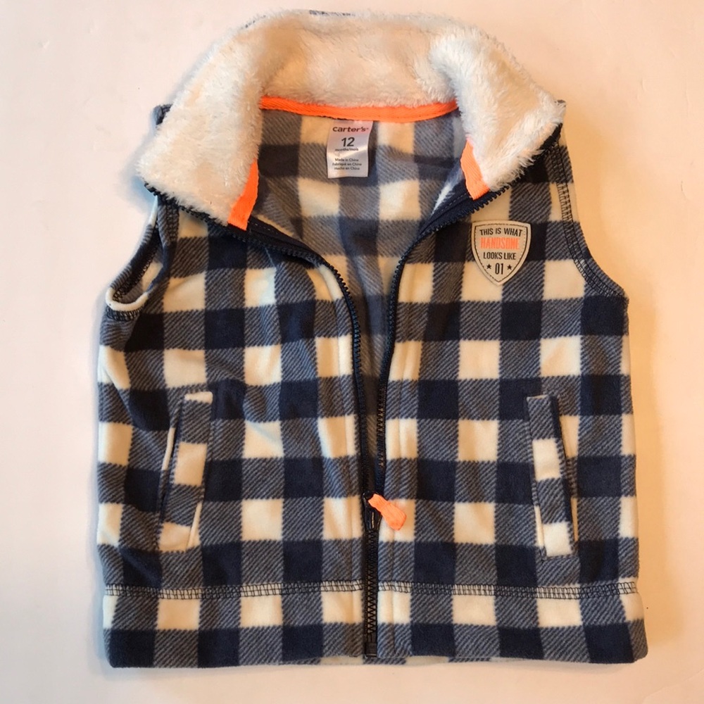 Toddler Boys plush vest Carters 12m plaid blue white pockets